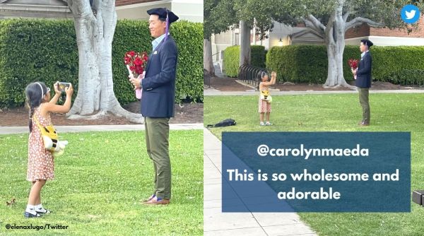 Young daughter attends father’s college graduation, Daughter clicks father's college graduation photos, father-daughter graduation day photo, Indian Express