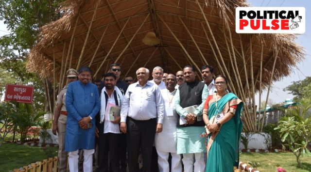 (Left to right) Gujarat Minister for Tribal Development, Naresh Patel, BTP MLA from Dediapada Mahesh Vasava, Gujarat CM Bhupendra Patel, Bharuch MP Mansukh Vasava and Gujarat Minister for Forest and Environment Kiritsinh Rana at the inauguration of the Vaas Kaushalya Vardhan Kendra at Dediapada in Narmada on Thursday. (Express Photo)