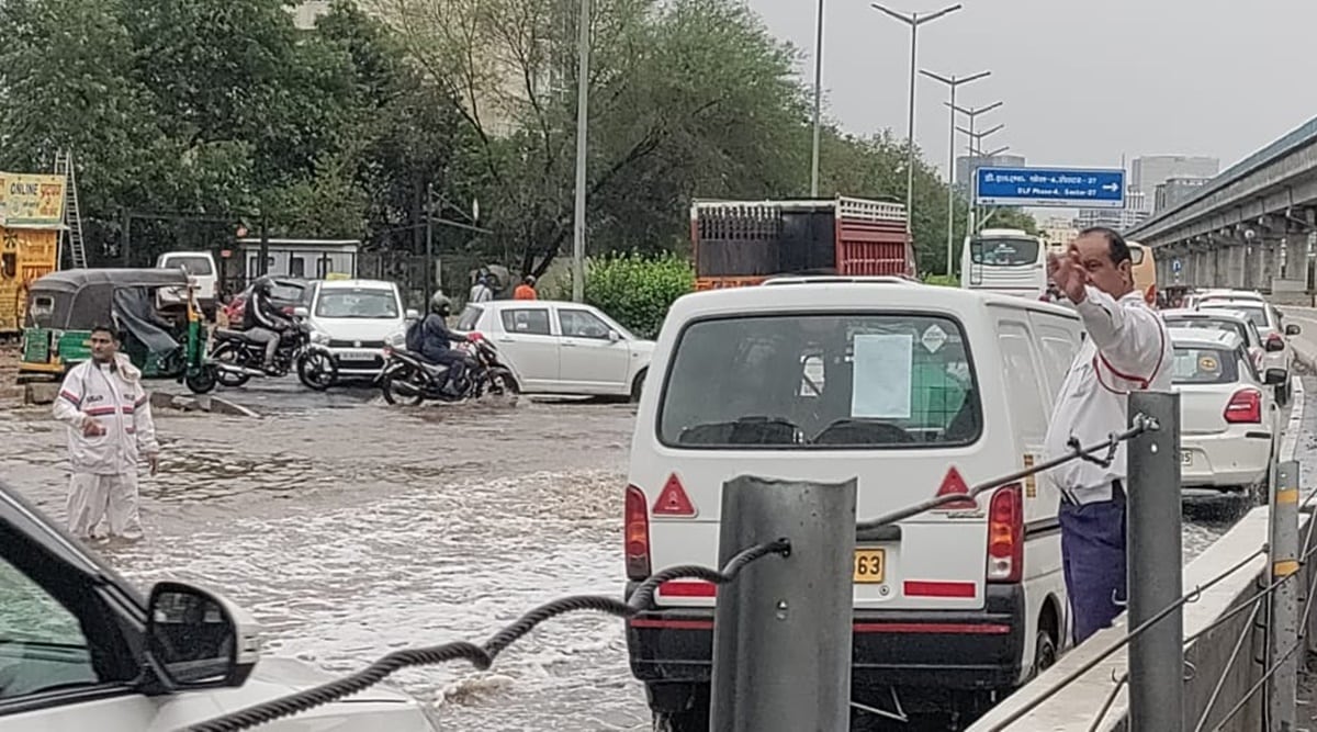 Gurgaon rains, Gurgaon rainfall, Gurgaon water logging, gurgaon news, Gurgaon offices, work from home, Indian express