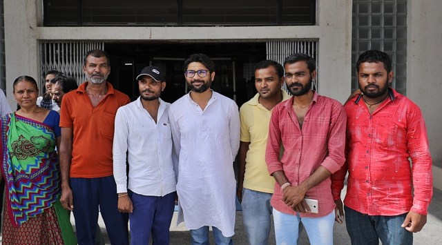 MLA Jignesh Mevani outside the Mehsana court on Wednesday. (Express photo by Nirmal Harindran)