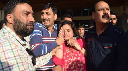 Grieving relatives of Rahul Bhat. (Express photo by Shuaib Masoodi)