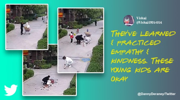 Kids help a man who dropped his fruits, watch children help stranger pick up fruits, Children helping stranger kindness, Kids kindness video, Viral video kindness kids, Indian Express