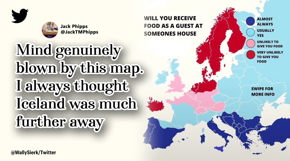 Twitter thread explains why Nordic countries dare unlikely to serve guests food, Are scandinavian countries inhospitable, Map Will you receive food as a guest at someone’s house, viral Twitter thread Indian Express