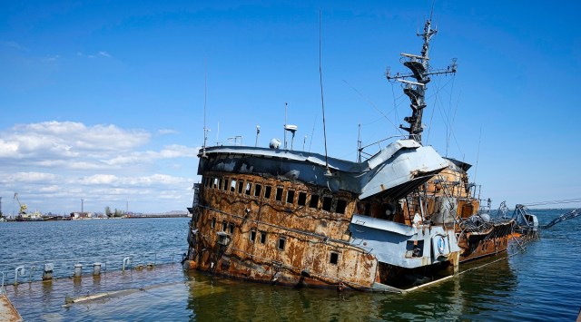 A sunken Ukrainian warship is seen in an area of the Mariupol Sea Port in Mariupol, in territory under the government of the Donetsk People's Republic, eastern Ukraine. (AP)