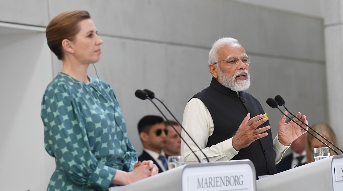 Prime Minister Narendra Modi welcomed by Denmark PM Mette Frederiksen in Copenhagen on May 3, 2022. (Twitter/narendramodi)