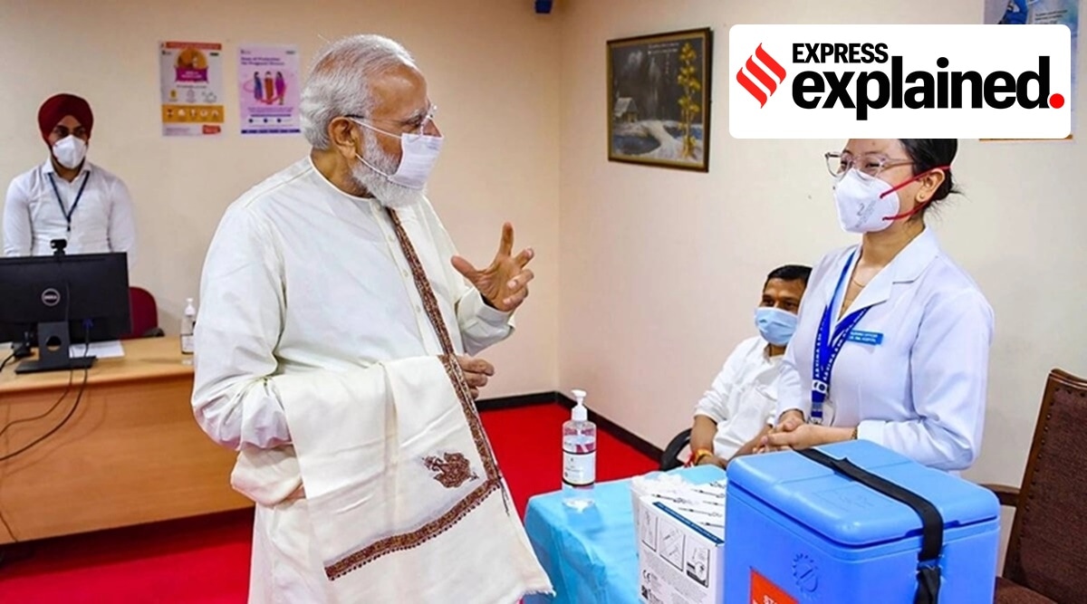 Prime Minister Narendra Modi at a vaccination centre amid the Covid-19 pandemic. (Express Photo/File)