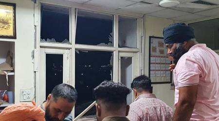Broken windows at the Punjab Police's Intelligence headquarters in Mohali after the attack. (Express)