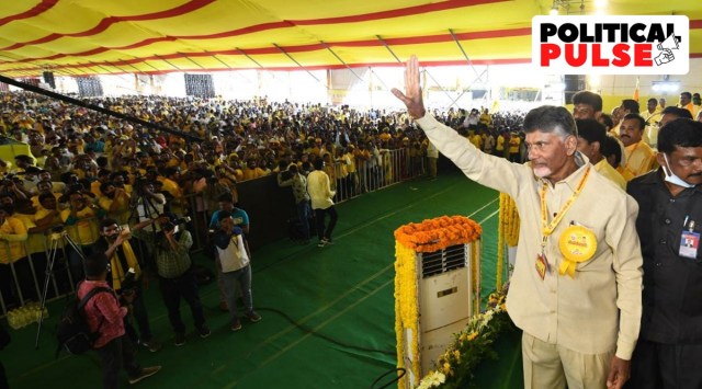 The 72-year-old former chief minister, Naidu looked charged up as he delivered the inaugural address to the two-day TDP “Mahanadu”, the party's annual conclave, in Ongole. (Photo: Twitter/@JaiTDP)
