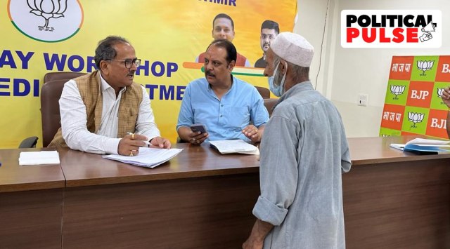 Nirmal Singh listening to grievances of people at party headquarters in Jammu. Photo-Arun Sharma