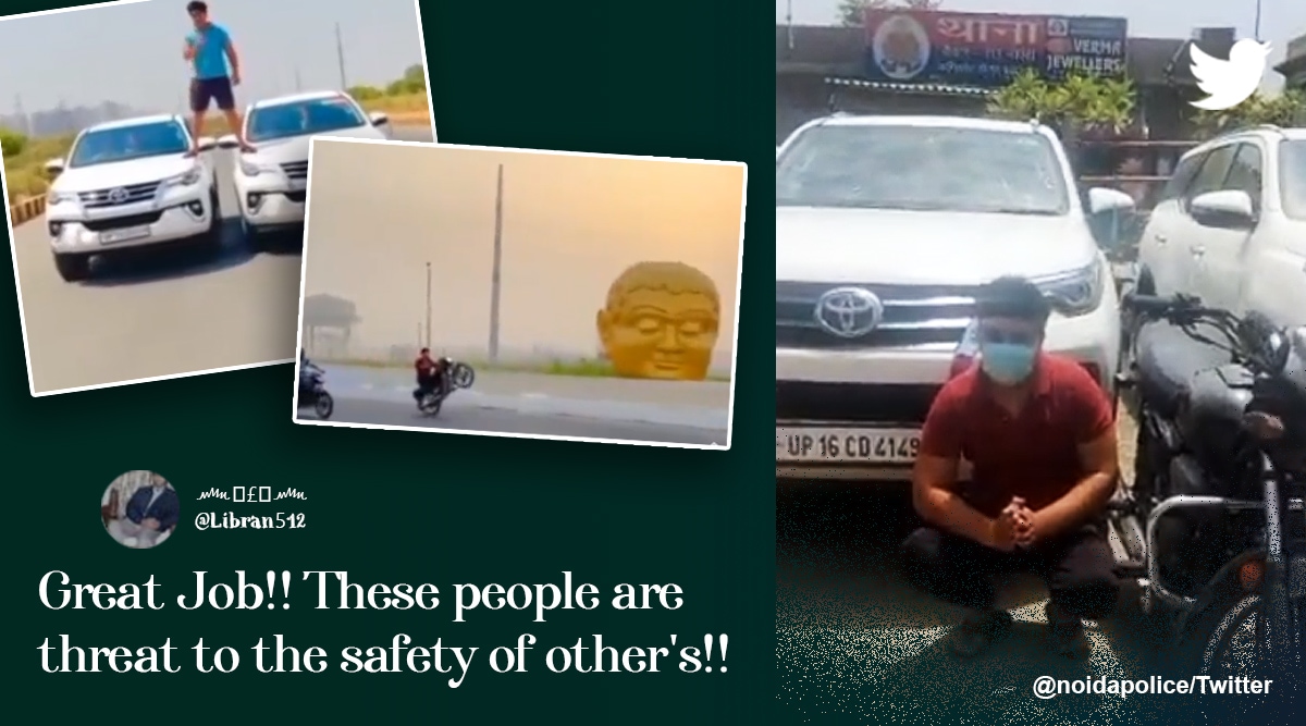 Noida suv stunts, man recreate Ajay devgan stunt, Ajay devgn golmaal stunt, Noida police arrest bike stunt, viral videos, indian express