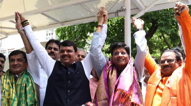 Dhananjay Mahadik,  Piyush Goyal and Anil Bonde with  Devendra Fadnavis after filing nominations. (Express photo by Amit Chakravarty)
