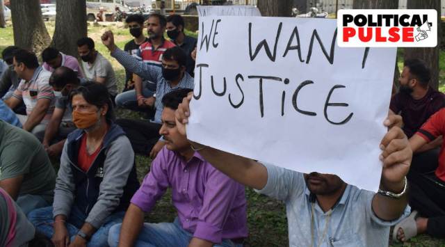Kashmiri Pandits protest in Srinagar on Sunday. (Express Photo: Shuaib Masoodi)