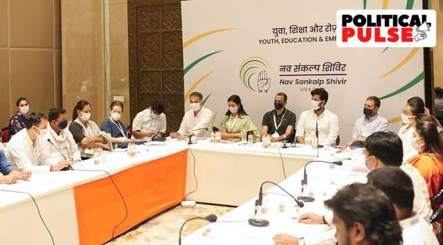 Congress interim President Sonia Gandhi with party leader Rahul Gandhi and others during a meeting on day 2 of the party's 'Nav Sankalp Shivir', in Udaipur. (PTI Photo/AICC)
