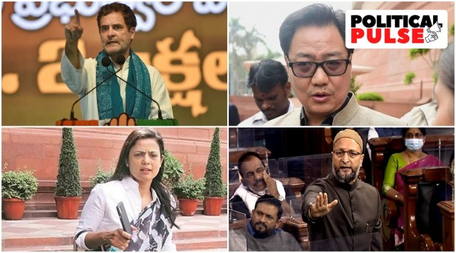 (Clockwise) Union Law Minister Kiren Rijiju, AIMIM chief Asaduddin Owaisi, Trinamool Congress MP Mahua Moitra and Congress chief Rahul Gandhi.