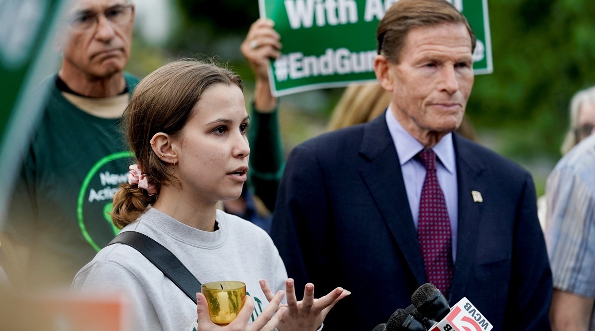 Jordan Gomes, a survivor of the shooting at Sandy Hook Elementary school, speaks during a rally for the Uvalde, Texas, community after a mass shooting at Robb Elementary school, at Trinity Episcopal Church in Newtown, Connecticut, US, May 26, 2022. (Reuters)