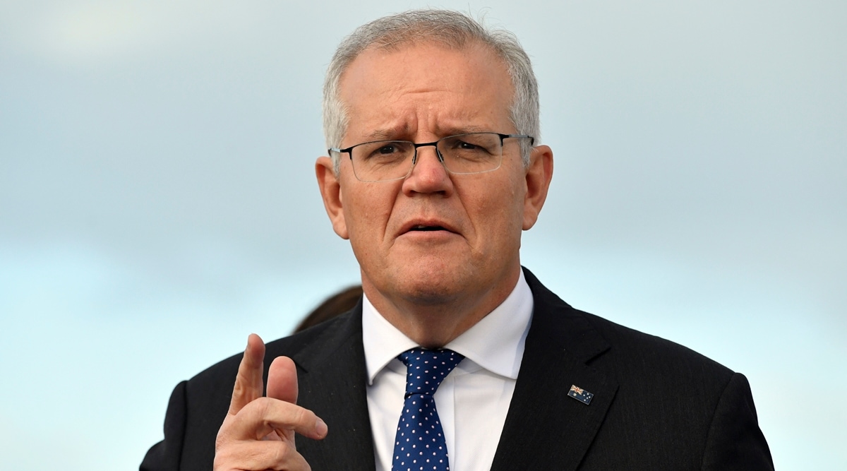 Australia's Prime Minister Scott Morrison speaks at a housing development near Geelong, May 18, 2022. (AP)