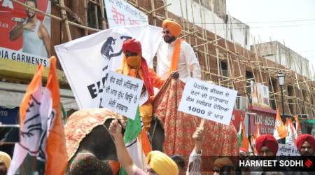 Former Punjab Pradesh Congress Committee president Navjot Singh Sidhu at a mega rally against fuel price inflation in Patiala on Thursday. (Express Photo: Harmeet Sodhi)