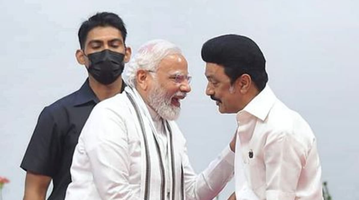  Prime Minister Narendra Modi greets Tamil Nadu Chief Minister MK Stalin during the ceremony for the laying of foundation stones of multiple developmental projects, at Jawaharlal Nehru Stadium in Chennai, Thursday, May 26, 2022. (PTI)