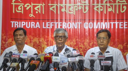 Central Committee Member of CPI(M) Jitendra Choudhury (R) with party leaders during announcement of the list of party candidates for upcoming Tripura by-elections, at the party office in Agartala, Monday, May 30, 2022. (PTI Photo)