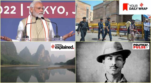 Clockwise from top left: Narendra Modi in Tokyo; Gyanvapi mosque; Bhagat Singh; an ancient forest at the bottom of a giant karst sinkhole in Leye County in south China.