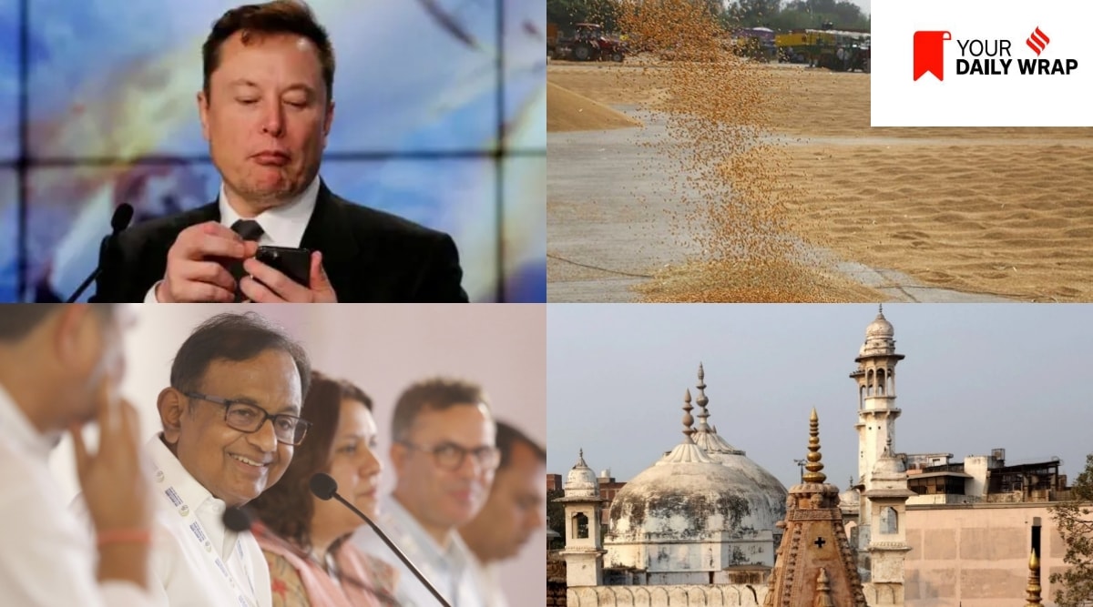 Clockwise from top left: Elon Musk, workers cleaning wheat at a market in Chandigarh, P Chidambaram, and Gyanvapi Masjid. 
