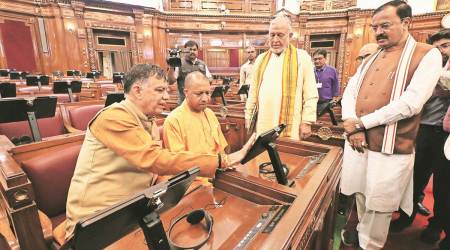 Chief Minister Yogi Adityanath, Speaker Satish Mahana , Deputy CM Keshav Prasad Maurya and cabinet minister Suresh Khanna inspect the National E-Vidhan Application  project at the Assembly in Lucknow on Thursday. (Express photo by Vishal Srivastav)