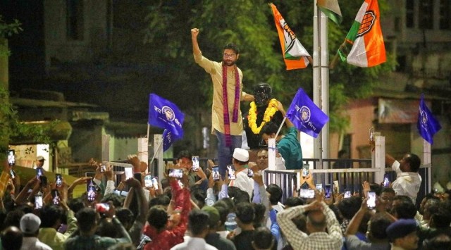 Vadgam MLA Jignesh Mevani addresses supporters at a public rally at Ramapir Tekra, Old Wadaj in Ahmedabad on Tuesday. Nirmal Harindran