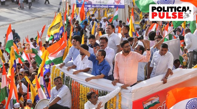 Delhi CM Arvind Kejriwal leads AAP's tiranga rally at Mehsana.
(Express photo by Nirmal Harindran)
