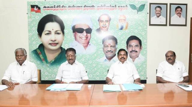 AIADMK coordinator O Pannerselvam and co-coordinator Edappadi K Palaniswami, along with other senior party leaders, during the meeting in Chennai on Tuesday.