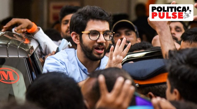 Maharashtra Minister and Shiv Sena leader Aaditya Thackeray waves at supporters as he leaves from Shiv Sena Bhawan after a meeting with party workers, at Dadar in Mumbai. (PTI)