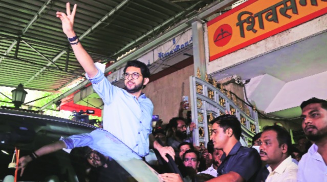 Shiv Sena’s Aaditya Thackeray comes out of Sena Bhavan after meeting party workers on Friday. (Express/Ganesh Shirsekar)
