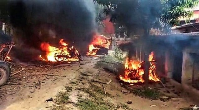 Vehicles after they were set on fire by protestors during the Bihar Bandh, called to protest against Centre's 'Agnipath' scheme, in Masaurhi, Saturday, June 18, 2022.  (PTI)