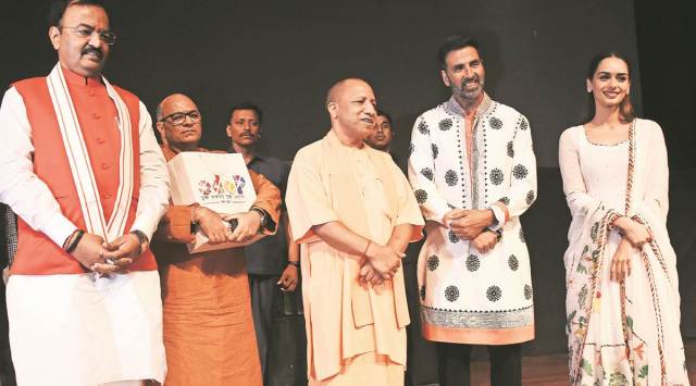 CM Yogi Adityanath and Deputy CM Keshav Prasad Maurya with actors Akshay Kumar, Manushi Chhillar, and director Chandraprakash Dwivedi at a special screening in Lucknow. (Express Photo)