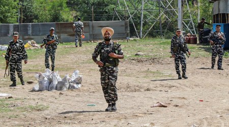 Tight security arrangements at a base camp of the Amarnath Yatra 2022, in Jammu, Friday. (PTI)