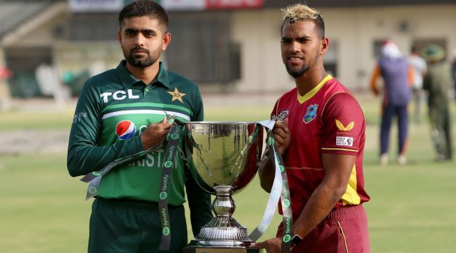 Pakistan vs West Indies (PAK vs WI) third ODI Live Streaming: Pakistani cricket team skipper Babar Azam, left, and his West Indies counterpart Nicholas Pooran pose for a photo with the ODI series trophy at the Multan Stadium, in Multan, Pakistan. (AP)