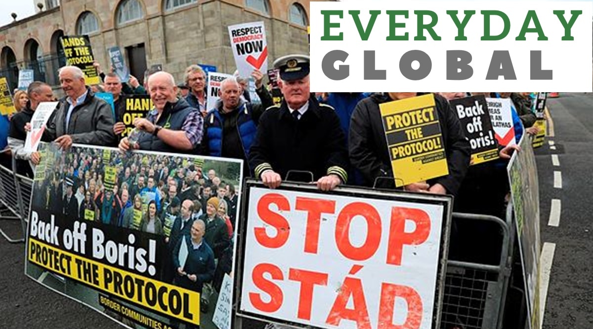 Demonstrators protest outside Hillsborough Castle, ahead of a visit by British Prime Minister Boris Johnson, in Hillsborough, Northern Ireland, May, 16, 2022. (File, AP)