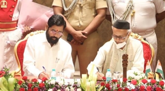 Eknath Shinde after taking oath as Maharashtra Chief Minister. (Express photo by Narendra Vaskar)