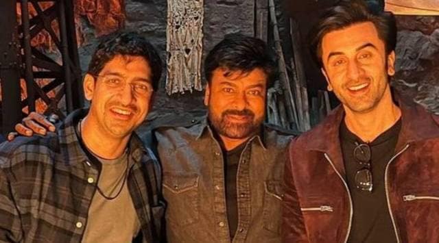 Chiranjeevi with Ranbir Kapoor and Brahmastra director Ayan Mukerji. (Photo: Twitter/SreedharSri4u)