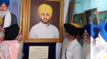 Portrait of Dilawar Singh installed at Central Sikh museum at Golden Temple, Amritsar, Tuesday. (Express Photo)