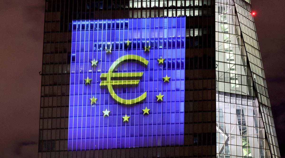 A symphony of light consisting of bars, lines and circles in blue and yellow, the colours of the European Union, illuminates the south facade of the European Central Bank (ECB) headquarters in Frankfurt, Germany, December 30, 2021. (REUTERS/File Photo)