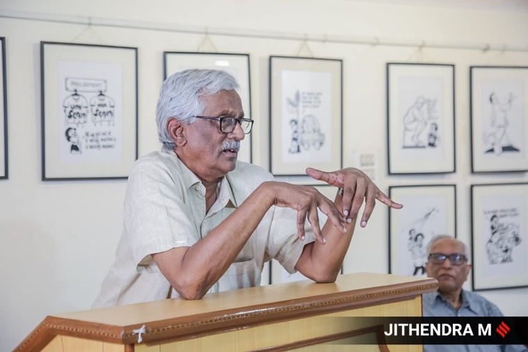 The Indian Express’s chief political cartoonist EP Unny, EP Unny cartoons, EP Unny caricatures, EP Unny political cartoons, EP Unny sketches Bengaluru, EP Unny exhibition, indian express news