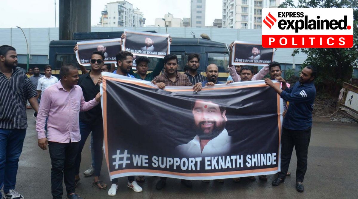 Supporters of rebel Shiv Sena leader Eknath Shinde outside his residence in Thane on Wednesday. (Express Photo: Deepak Joshi)
