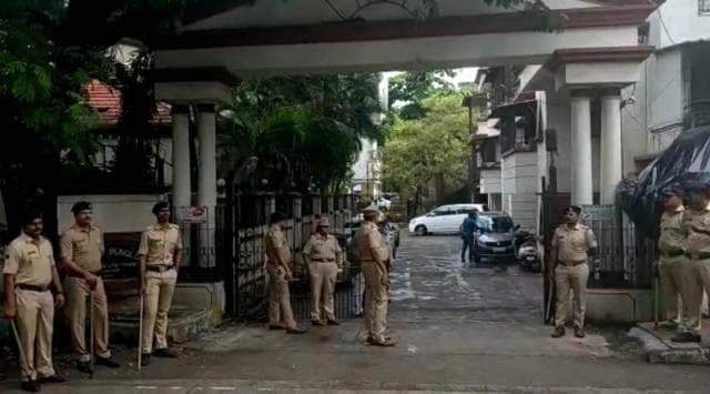Security personnel outside Eknath Shinde’s residence in Thane on Tuesday. (Express photo by Deepak Joshi)