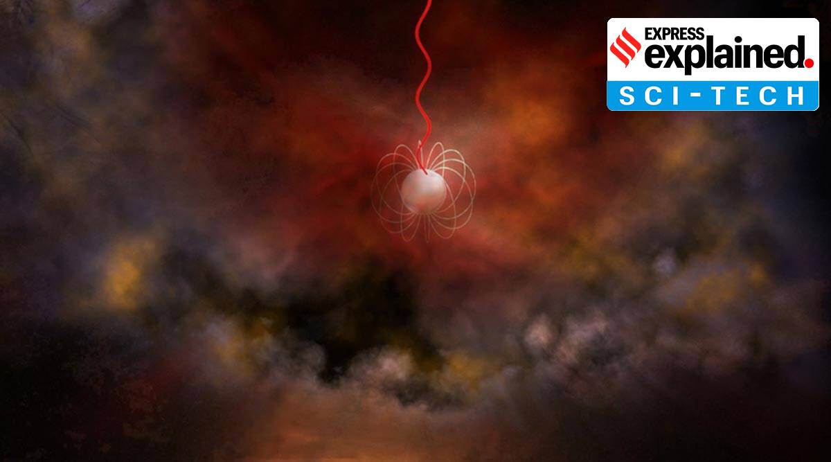 Artist's conception of a neutron star with an ultra-strong magnetic field, called a magnetar, emitting radio waves (red). Magnetars are a leading candidate for what generates Fast Radio Bursts. Credit: Bill Saxton, NRAO/AUI/NSF