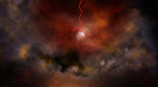 Artist's conception of a neutron star with an ultra-strong magnetic field, called a magnetar, emitting radio waves (red). Magnetars are a leading candidate for what generates Fast Radio Bursts.
Credit: Bill Saxton, NRAO/AUI/NSF