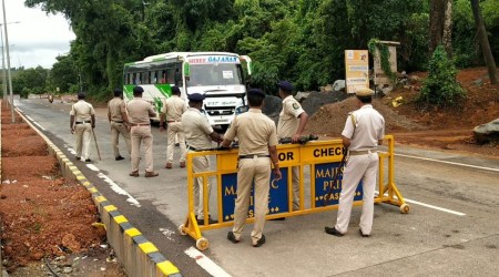 Police checking vehicles at Patradevi check post. (Express photo)