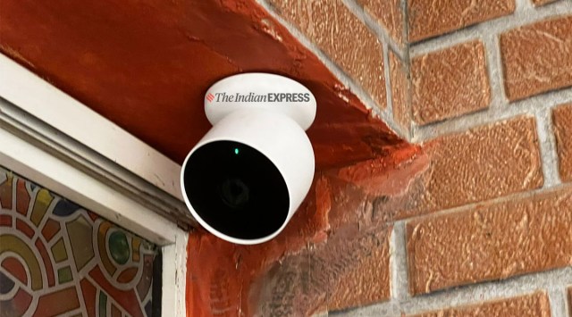 The design is minimalist with a large camera that attaches with magnets to a metallic base which you drill on to your wall. (Image credit: Nandagopal Rajan / Indian Express)