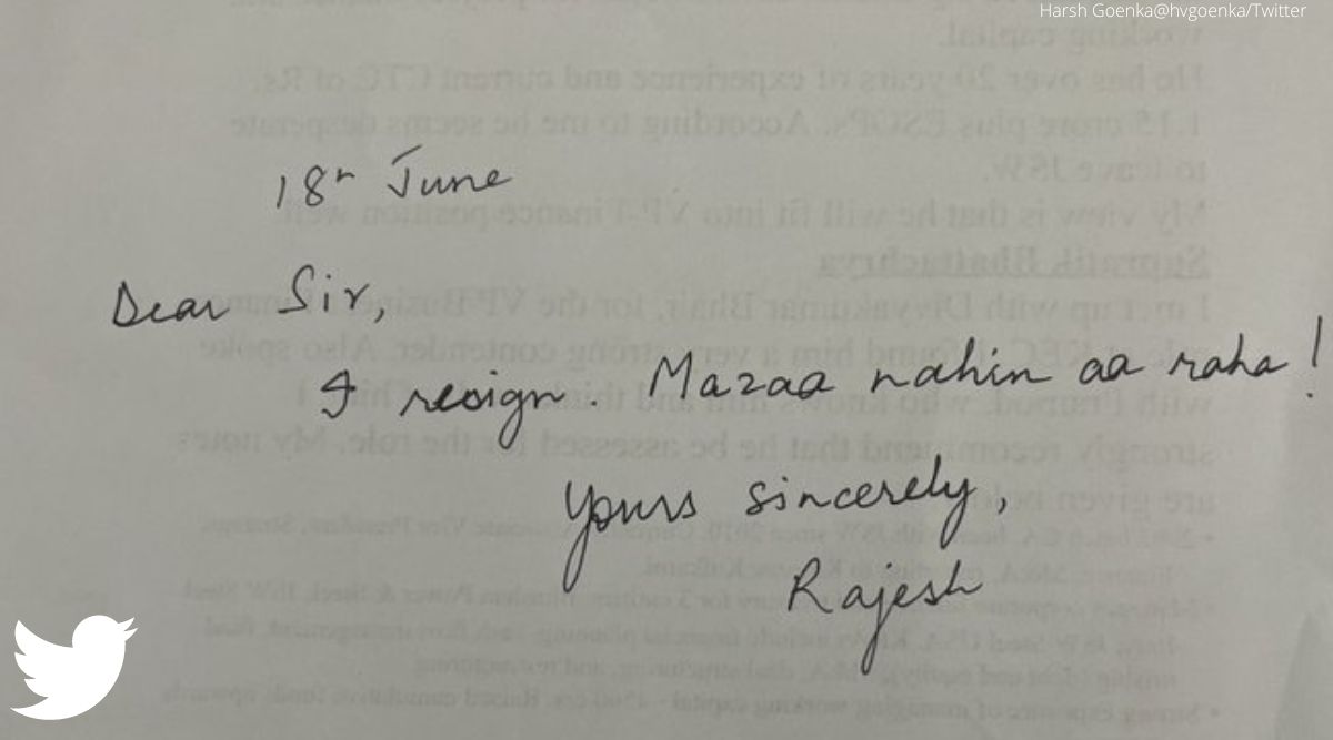 Harsh Goenka, resignation letter, maza nahi aa raha, short resignation letter, great resignation, attrition, indian express