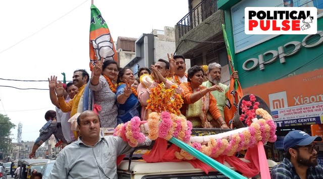 BJP candidate Krishan Lal Lamba and his supporters after his win from Kalka Municipal Council on Wednesday. (Express Photo: Jaipal Singh)