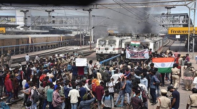 Protesters at Secunderabad railway station in Telangana block tracks. (Source: PTI)